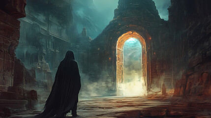 Mysterious cloaked figure at a luminous gate in an ancient, crumbling cityscape, evoking intrigue and adventure in a forgotten world. Portal to Forgotten Worlds. Illustration