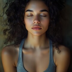 Serene Woman Meditating: Close-up Portrait with Curly Hair