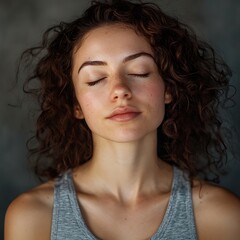 Serene Woman Meditating: Close-up Portrait with Curly Hair