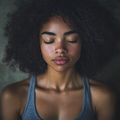 Serene Woman Meditating: Close-up Portrait with Curly Hair