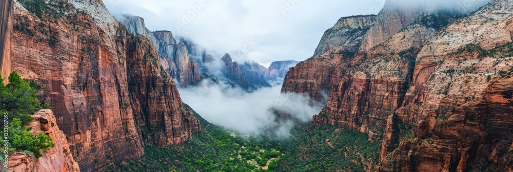 Poster scenic view of low clouds drifting through zion canyon between steep red rock cliffs in zion nationa