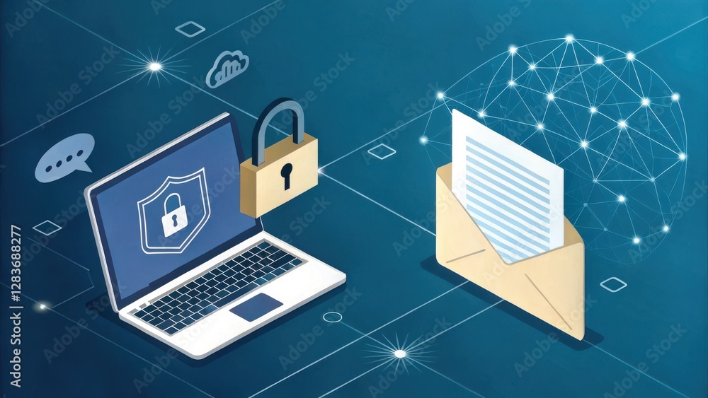 Poster a digital illustration depicting a laptop with a security lock and an envelope, symbolizing secure c