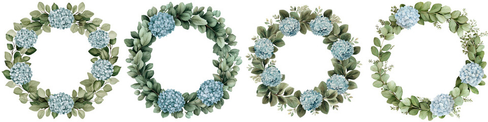 Fototapeta premium Beautiful and elegant floral wreath made with hydrangea flowers eucalyptus leaves and other lush greenery Ideal for holiday spring or summer decor wedding backdrops and more