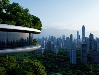 Naklejka premium Modern architecture with greenery overlooking a city skyline.