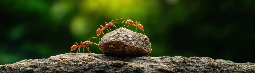 Ants gathering around a rock in a natural setting.