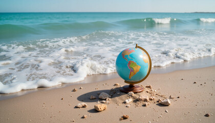 Obraz premium Globe on the beach with waves in the background, travel and exploration concept 