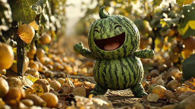 Whimsical watermelon character dances joyfully in a sunlit pumpkin patch during harvest season