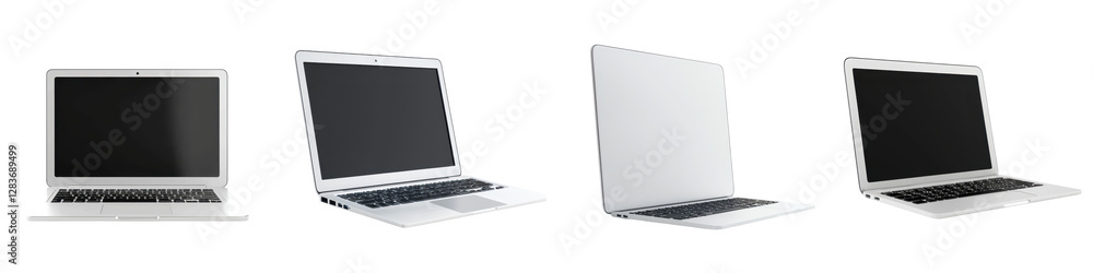 Poster assorted laptop devices in different sizes and designs displayed on a plain white studio background 