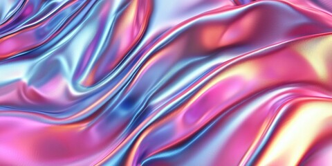 Obraz premium Abstract background with iridescent holographic pink and blue wavy liquid metal texture for a design element, banner, or poster