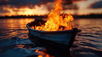 A wooden boat engulfed in flames floats on water, creating a breathtaking contrast against a dramatic sunset, symbolizing destruction but evoking a peculiar beauty in chaos.