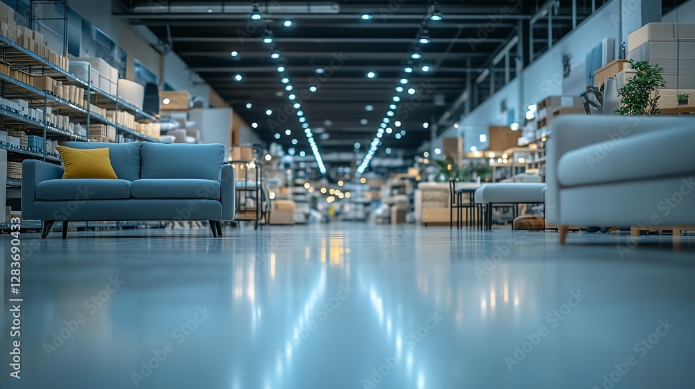 Poster a blurred, minimalistic background of a furniture warehouse with soft colors, clean open space, and 