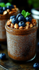 Chocolate Chia Pudding With Blueberries And Almonds