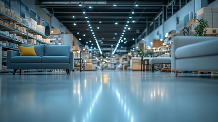 Naklejka premium A blurred, minimalistic background of a furniture warehouse with soft colors, clean open space, and a gentle depth of field effect to create a calm, clutter-free look.
