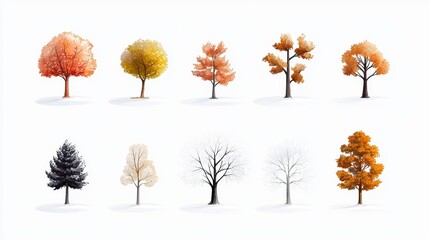 Colorful trees representing seasonal changes in a row.