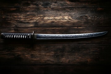 Long Katana sword on the brown wooden table background close up.