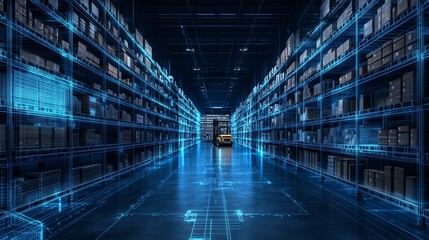 Fototapeta premium A large retail warehouse with shelves of goods and a forklift in the background, dark blue backdrop with wireframe lines, and ample space for copy. Ideal for logistics and retail.