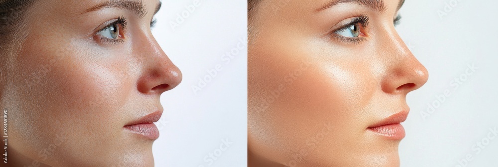 Fototapete split view of a womans face showcasing aging on the left and youthful skin on the right. generative 
