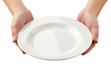 Hands holding an empty white ceramic plate, isolated on transparent cutout background