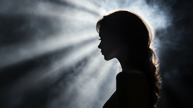 Silhouette of young female with dramatic lighting and smoke effects