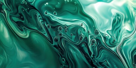 Obraz premium Abstract teal green liquid background with swirling patterns and bubbles, creating an artistic and dynamic visual effect