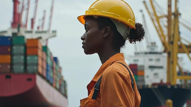 Female dockworker overseeing container ships at the busy port during cloudy weather