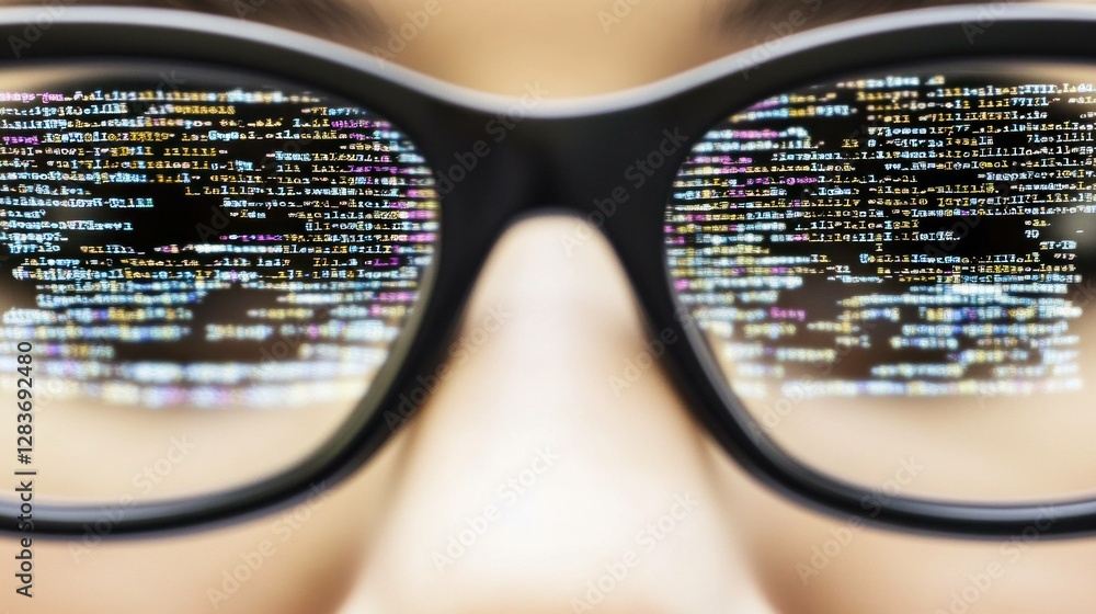 Poster close up of a person wearing glasses with colorful code reflected, symbolizing technology and data a