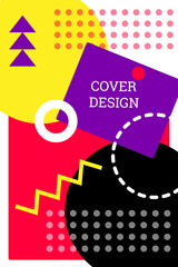 Obraz premium Bright background in Memphis style. Geometric cover design. Fashionable bright cover, banner, poster, booklet. Bright colors. Vector
