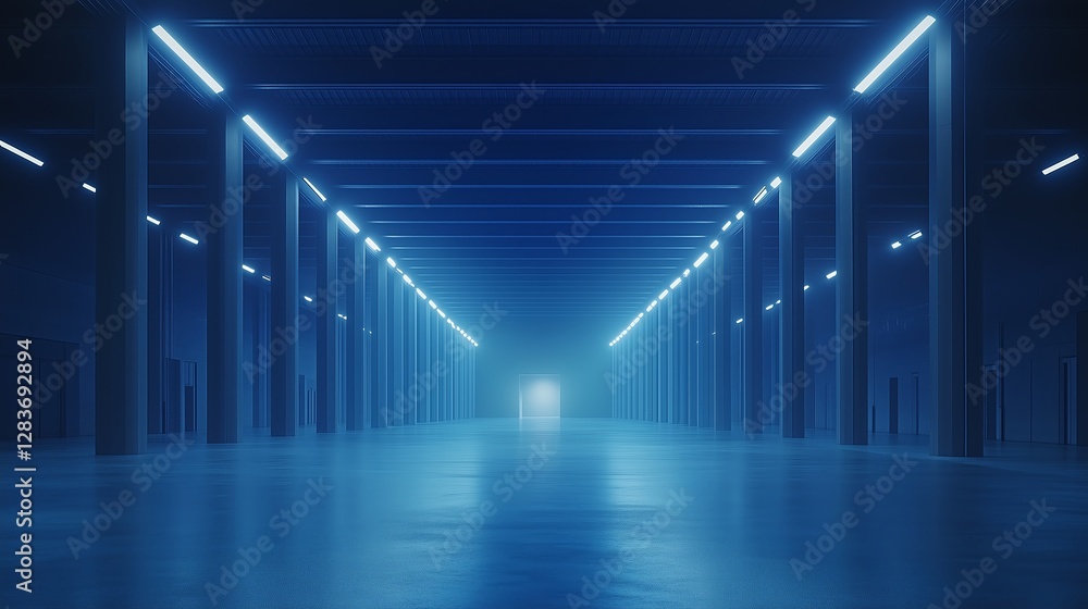 Poster an empty, modern warehouse with soft light at the far end. dark blue background adds depth, with wir