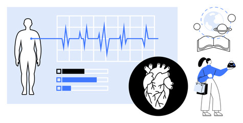 Medical analysis of human body data with ECG graph. Woman holding scientific model, icon of knowledge and planets. Ideal for healthcare, science, research, technology, education, data analysis