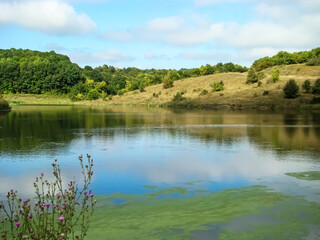 Fototapeta premium Summer sunny landscape with blue sky and a small pond.