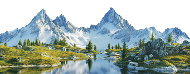 Alpine landscape with snowy mountains and calm lake, isolated on transparent cutout background