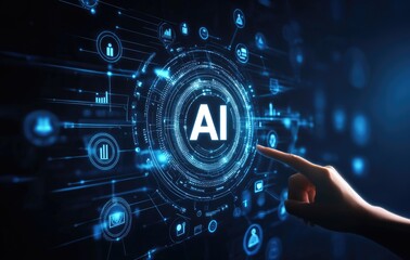 Obraz premium Artificial intelligence technology concept picture of pointing hand at creative robot hologram blue background. 