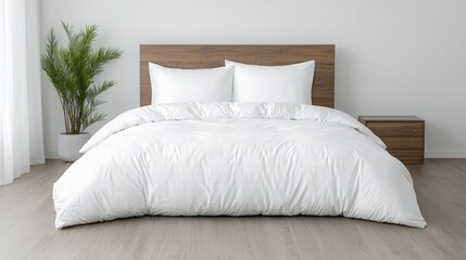 Minimalist bedroom, white duvet, wooden headboard, plant