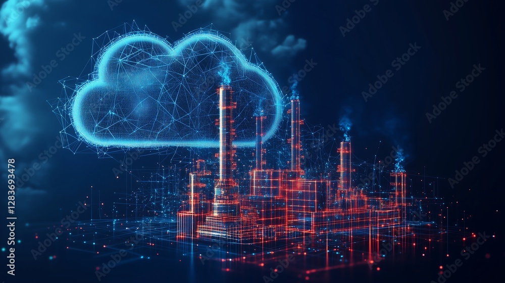 Poster industry 4.0 concept showcasing an automation system with cloud computing, simple geometric shapes, 