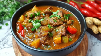 A Bowl of Mafé, a West African Peanut Stew with Tender Meat and Vegetables, Garnished with Fresh Coriander