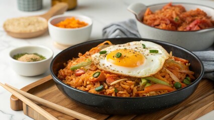 Savoring kimchi fried rice with sunny-side up egg in a cozy kitchen setting for a flavorful experience