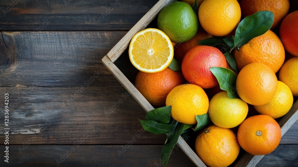 Fototapete freshly harvested citrus fruits arranged in a wooden crate on a rustic table during daylight. genera