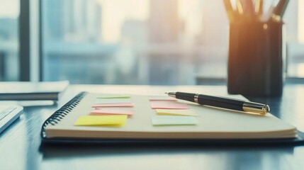 Notebook with colorful sticky notes and a pen on a desk symbolizes multitasking and time management. The scene captures the essence of handling work deadlines and stress in an organized manner