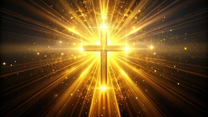 Divine light bursts, a golden cross backdrop: ethereal, spiritual fashion photography overlay.