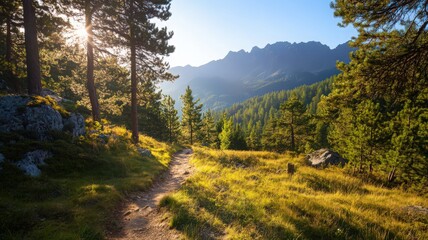 Sunlit Mountain Trail in Lush Forest: Golden Hour Landscape