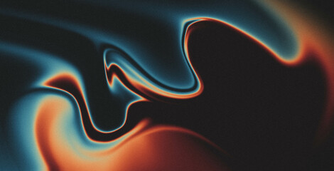 Vibrant rainbow, orange blue teal white psychedelic grainy gradient color flow wave on black...