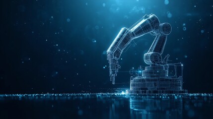 Industry 4.0 double exposure concept showcasing 3D printing, automation, robotic arm, and autonomous industrial technology with futuristic low poly wireframe design.