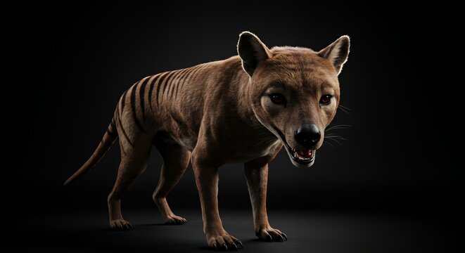 Tasmanian Tiger Illustration Standing, Extinct Animal with Stripes on Dark Background