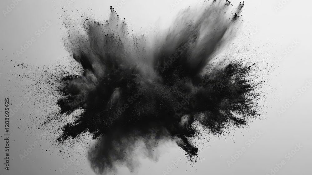 Poster black powder explosion creating abstract form on light background