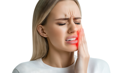 Young woman with toothache, isolated on transparent cutout background