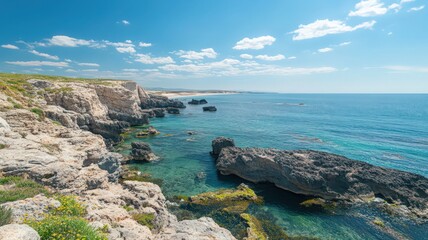 Sunny Coastal Landscape with Rocky Shore and Clear Turquoise Water