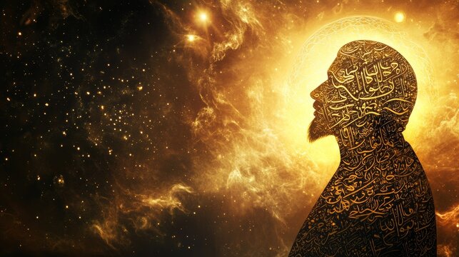 A Highly Symbolic and Artistic Representation of Prophet Muhammad's Presence Using Golden Arabic Calligraphy Forming a Divine Silhouette, Intricate Islamic Geometric Patterns