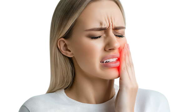 Young woman with toothache, isolated on transparent cutout background