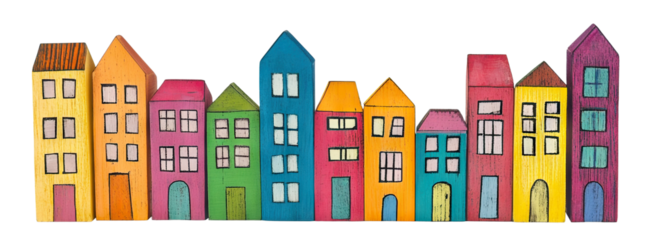 Colorful wooden cityscape with various buildings, isolated on transparent cutout background