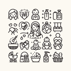 Baby care editable stroke outline icons set isolated on white background flat vector illustration.